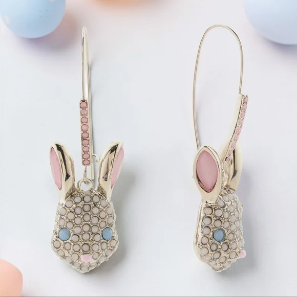 NEW Betsey Johnson Sparkle Faux Stone Bunny Shepherd Hook Earrings 2 Inches NWT - Picture 5 of 5